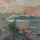 Tableau Aquarelle Paysage Marine Orientaliste (Algérie) + cadre