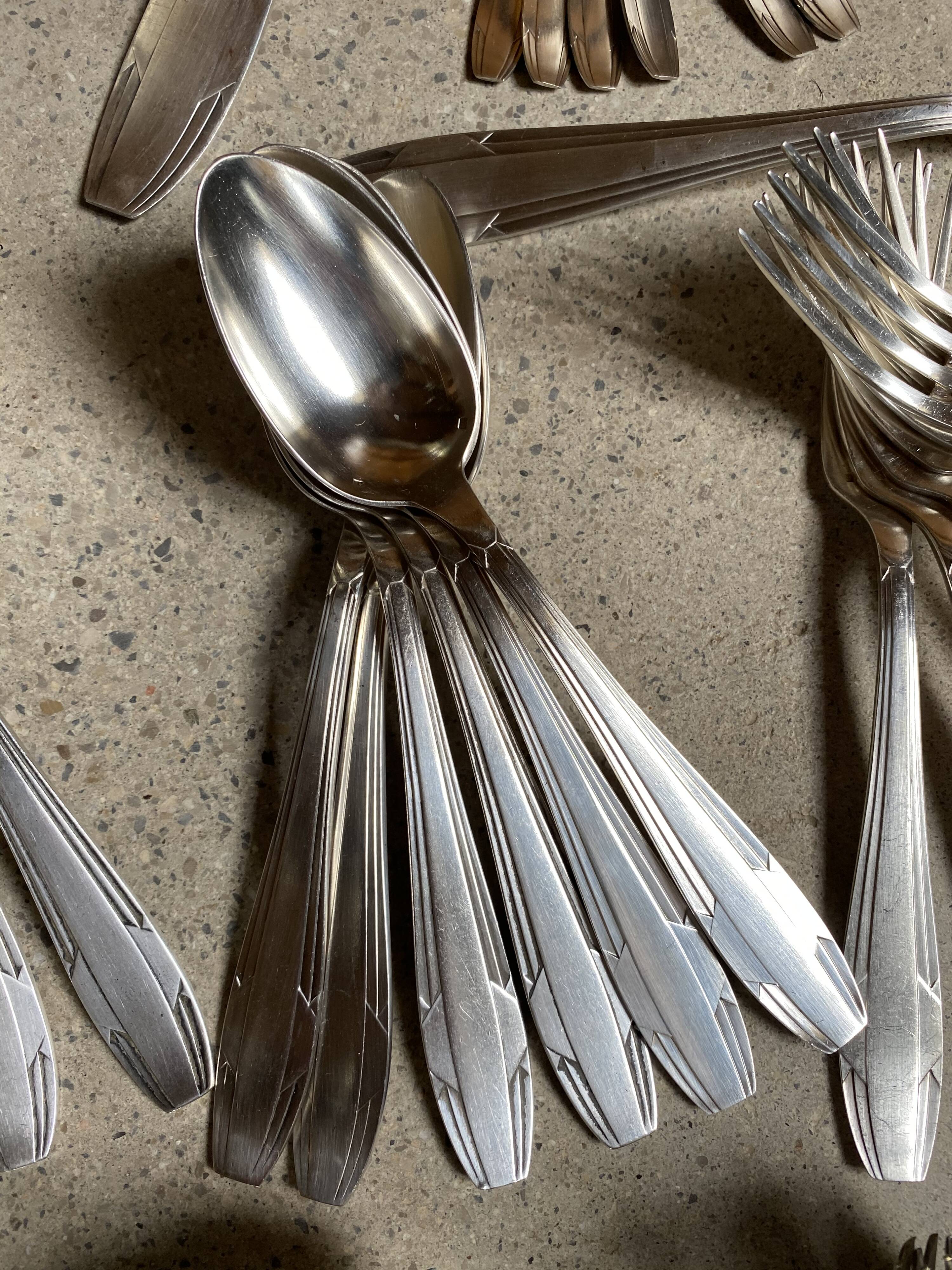 Silver metal cutlery art deco 63 pieces