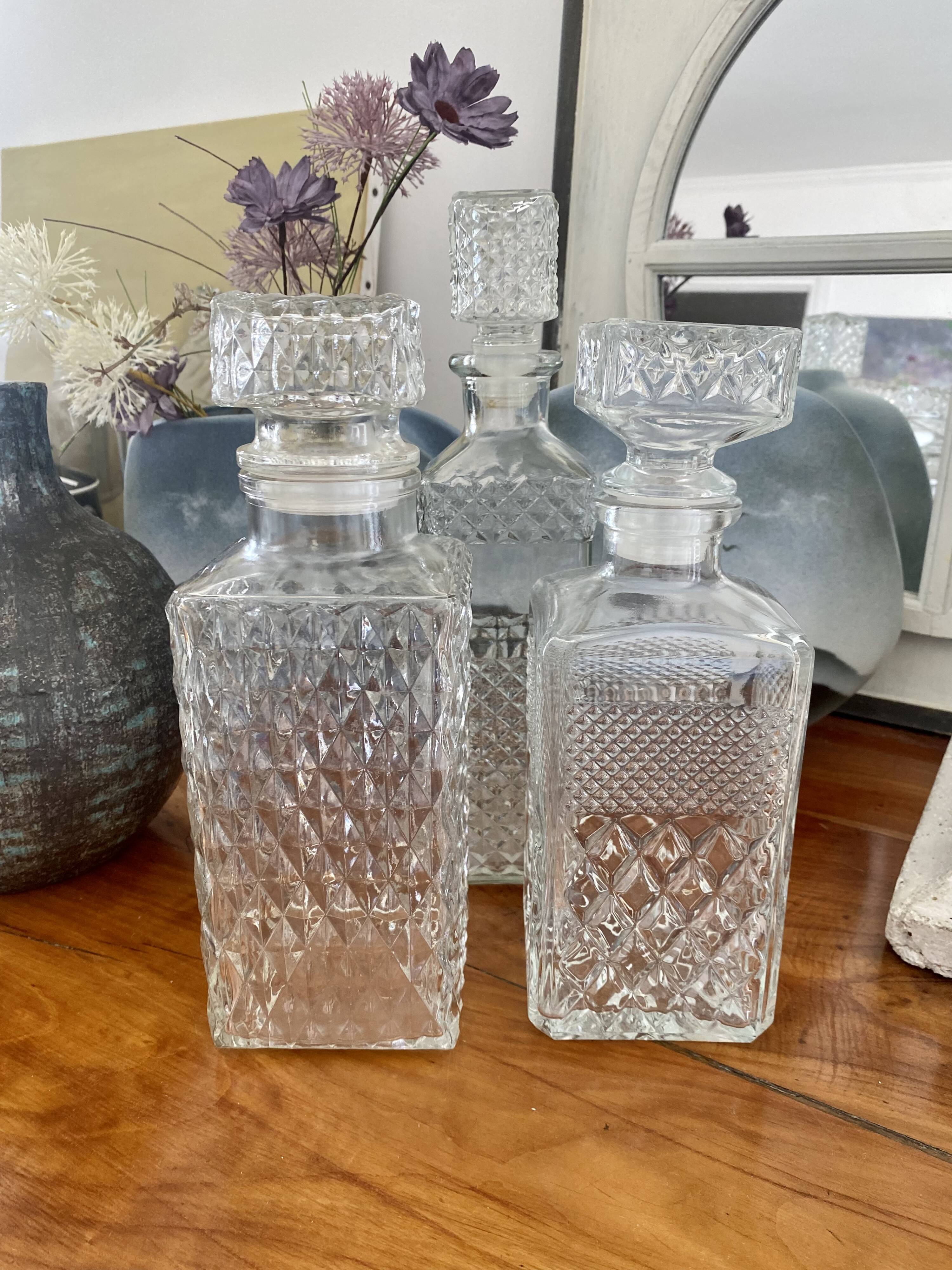 Set of 3 bottle vintage molded glass whiskey decanter