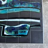 Mid-century Denisco ceramic coffee table — black, blue and white glazed tile top with silver metal base