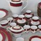Elegant mid-century Japanese bone china service for 12 in white and noble red