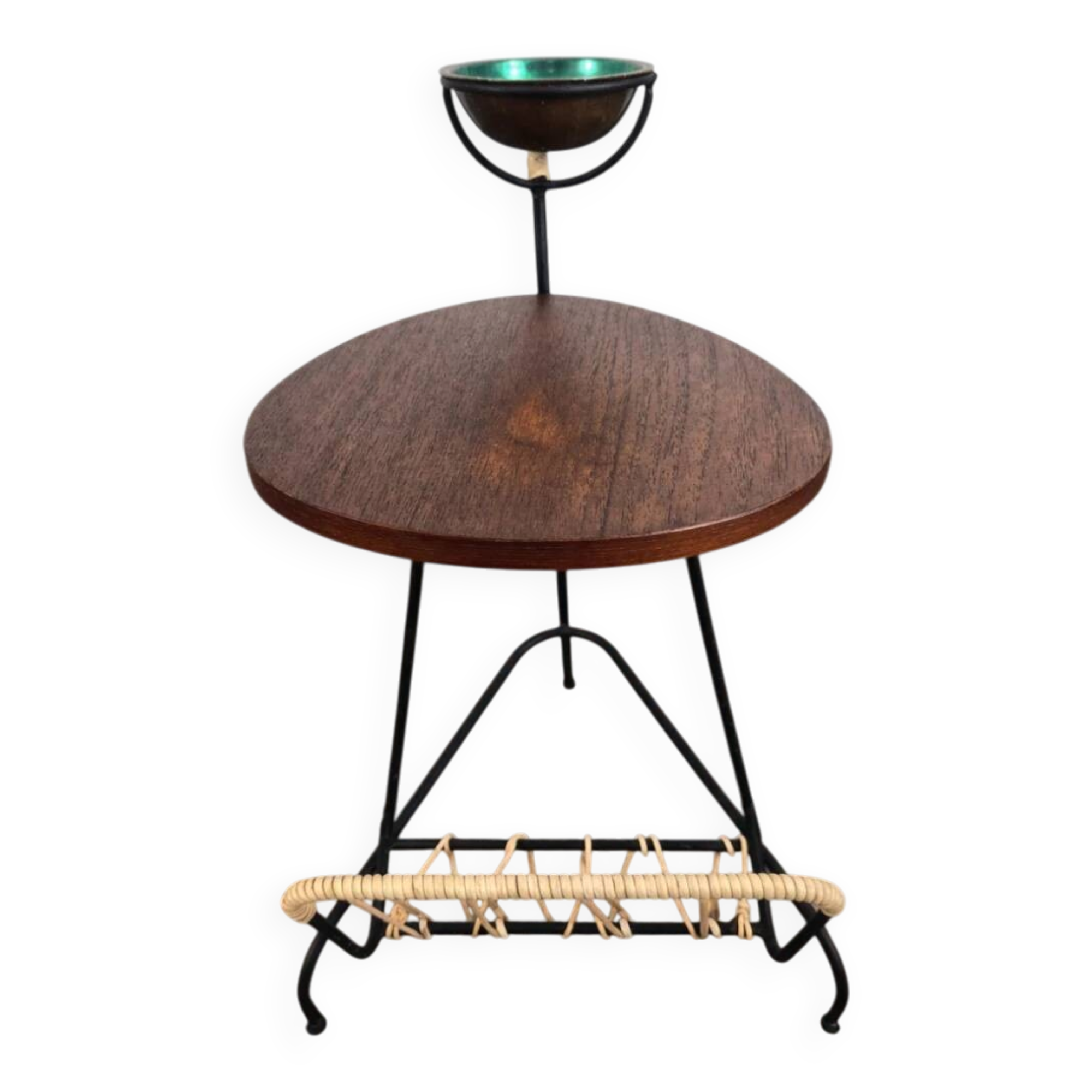 Small side table, magazine rack and ashtray in iron and teak, Denmark, 1950.