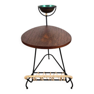Small side table, magazine rack and ashtray in iron and teak, Denmark, 1950.