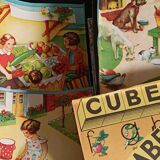 Cardboard box with wooden alphabetical cubes from the 60s