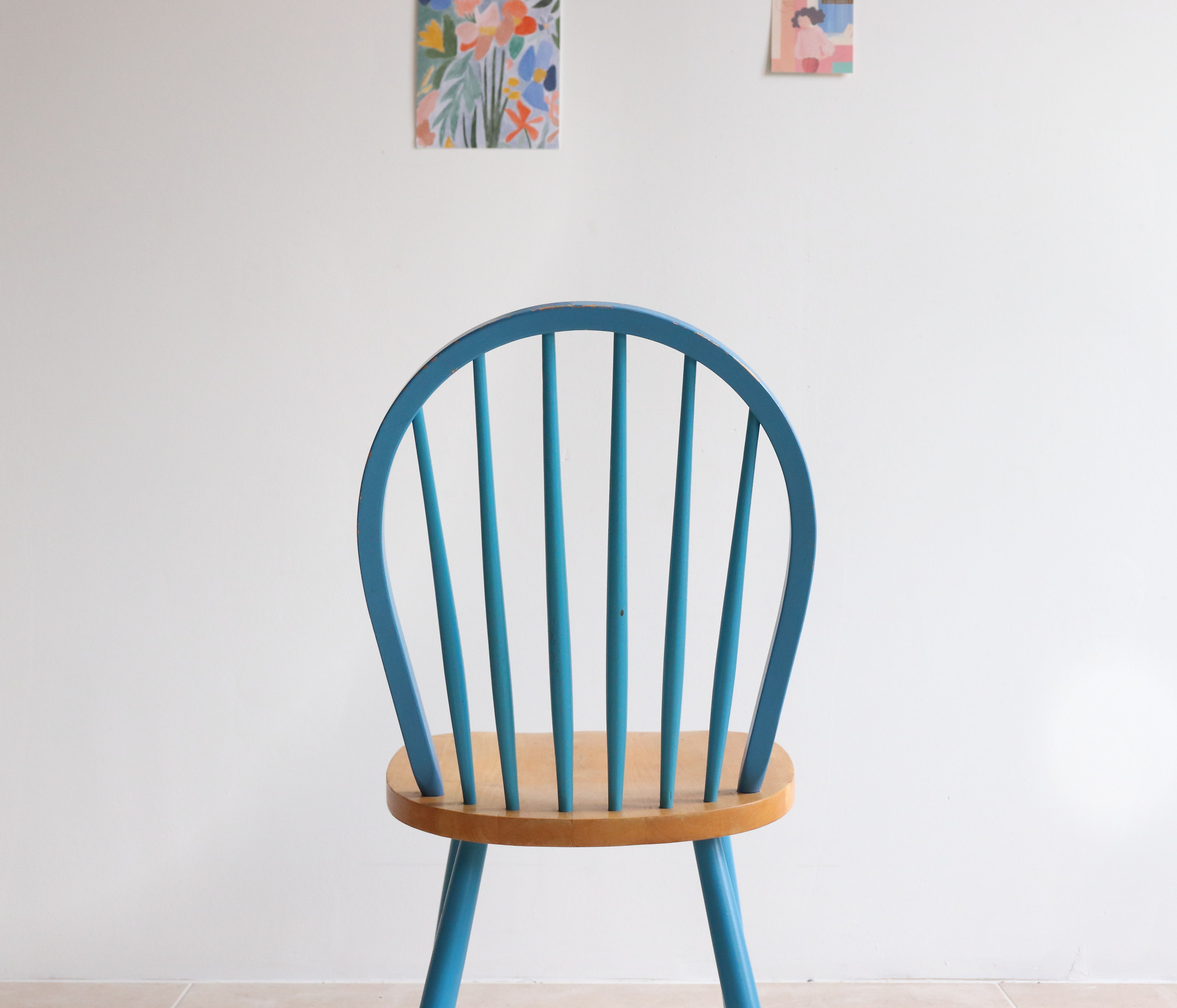 Pair of vintage Scandinavian Windsor chairs with blue bars