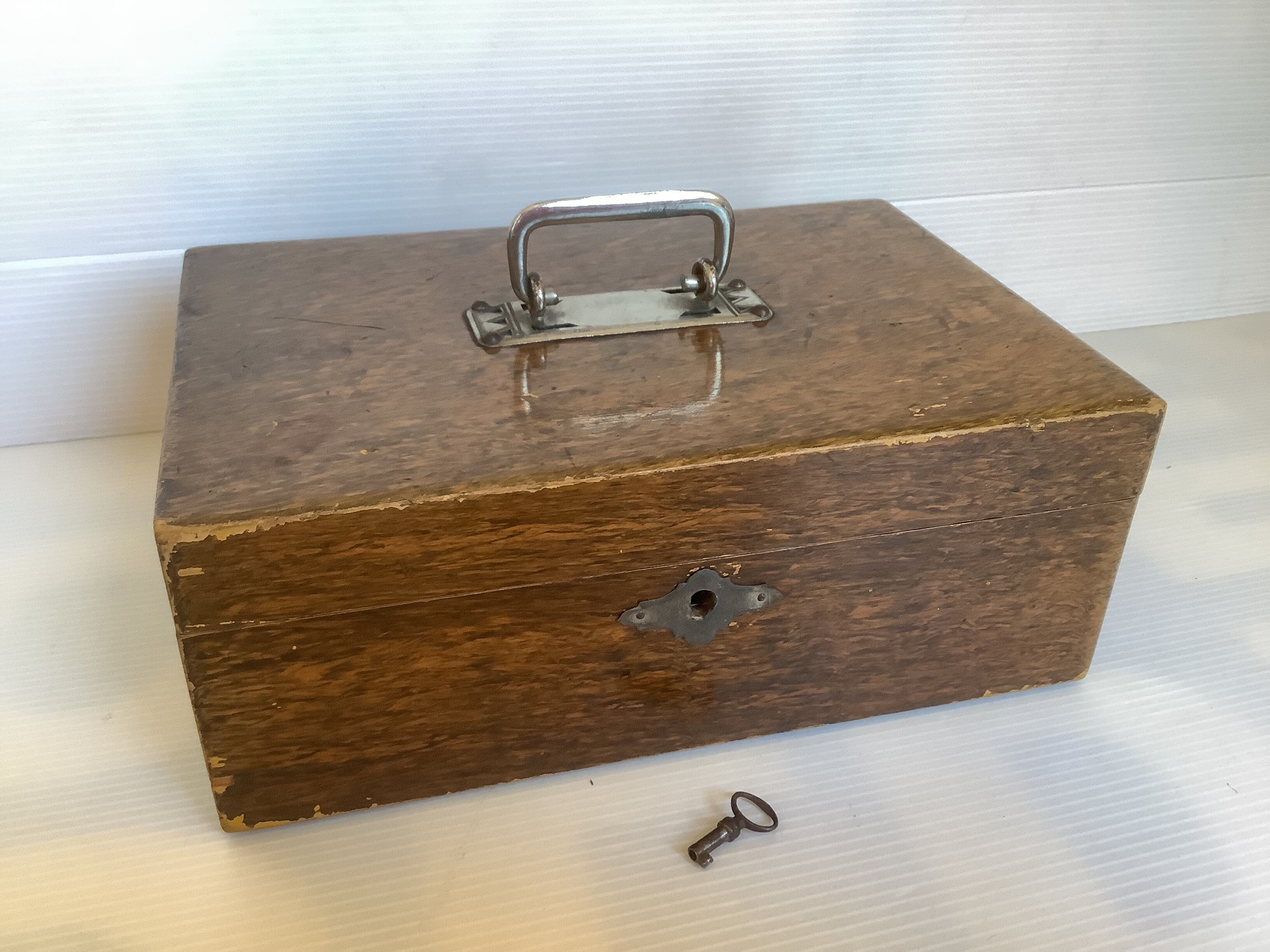 Old wooden box with handle and metal keys