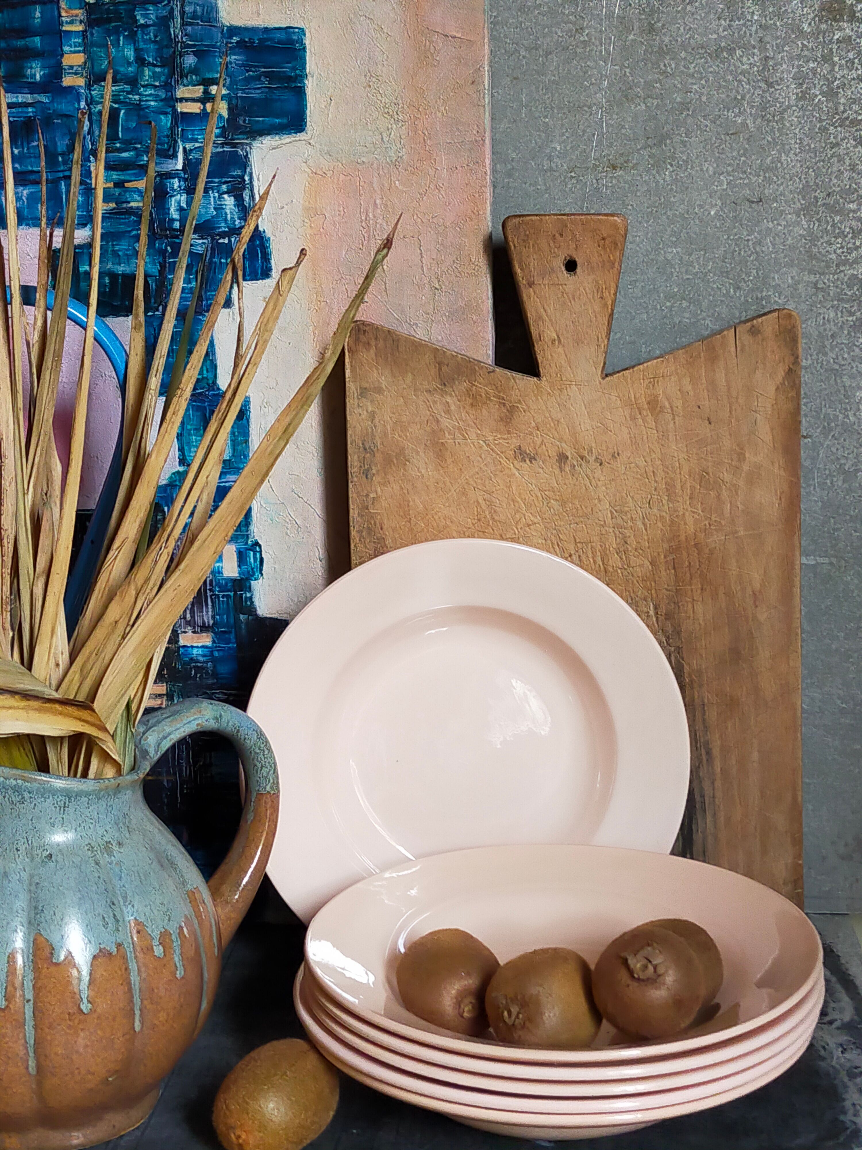 Six pastel earthenware plates from Digoin and Sarreguemines antiques