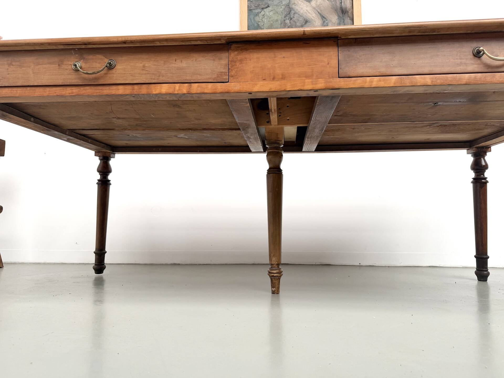 Farm table with 5 feet in beech and 4 drawers, 1950s.