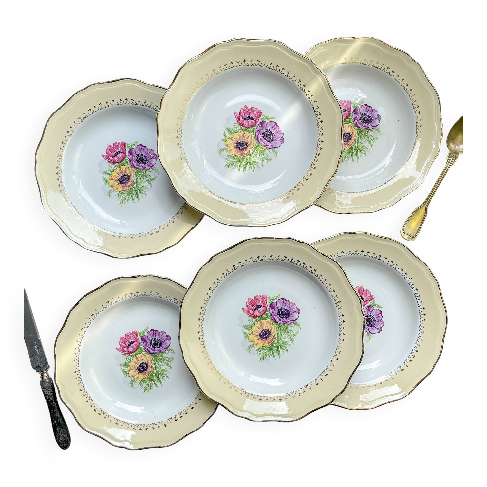 6 vintage porcelain soup plates with white and golden yellow floral pattern L'Amandinoise "Coopélia"