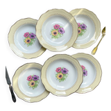 6 vintage porcelain soup plates with white and golden yellow floral pattern L'Amandinoise "Coopélia"