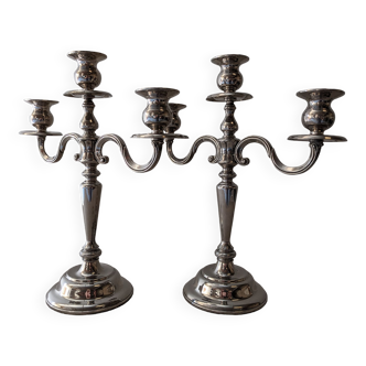 Pair of 3-light candlesticks in silver metal