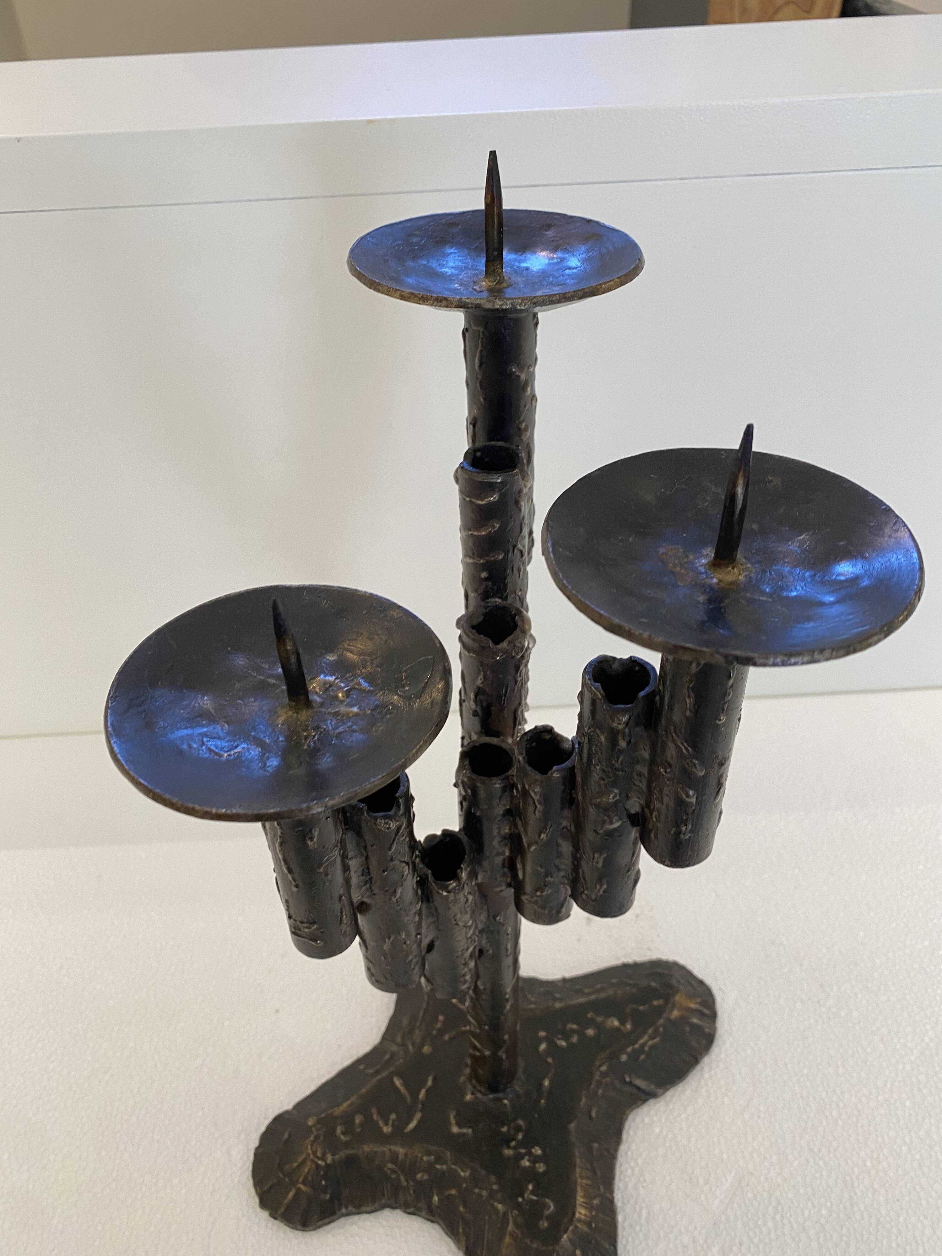 Brutalist Iron Textured Hand Forged Candleholder, Mid-century Modern, 1960s