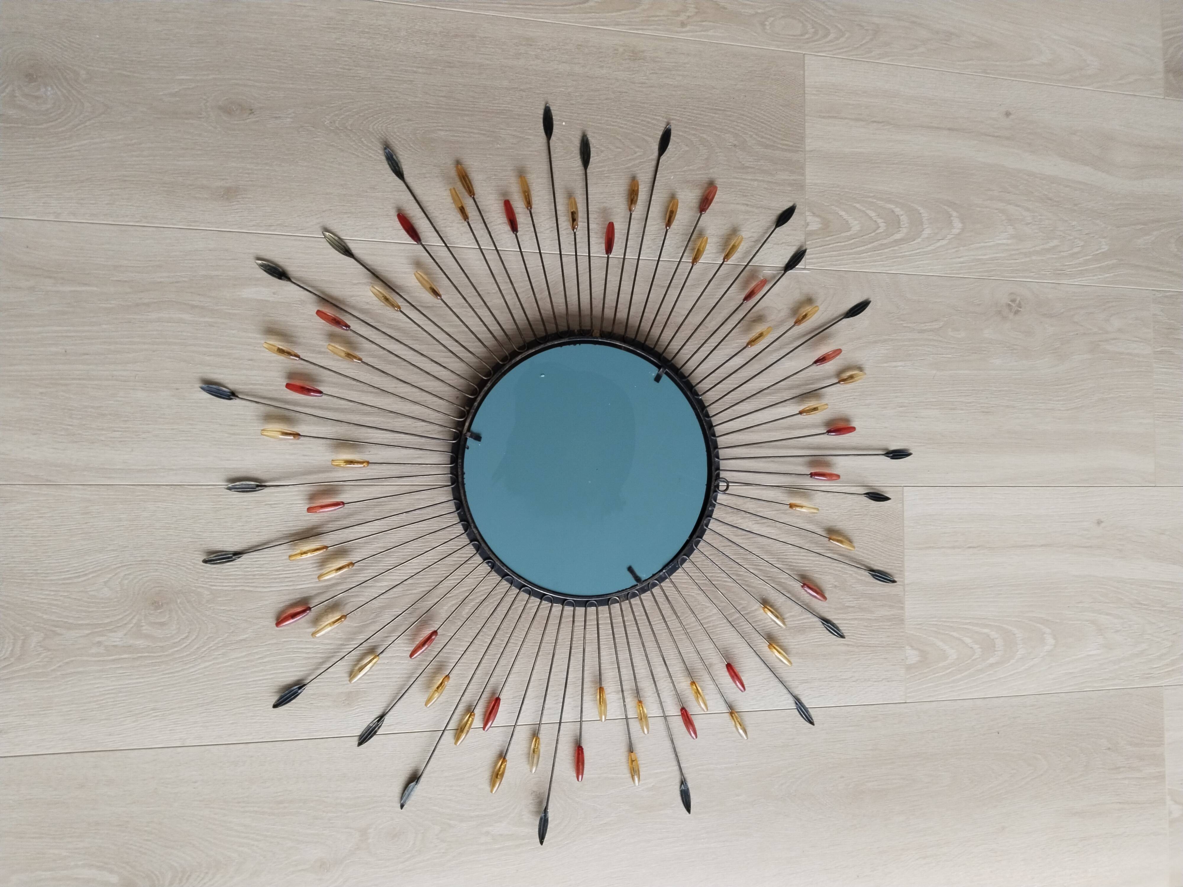 Metal sun mirror, vintage French, 66 cm