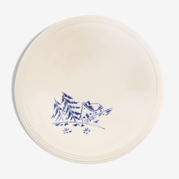 Plat de service Moulin des Loups, motif pochoir maison bleue