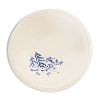 Plat de service Moulin des Loups, motif pochoir maison bleue