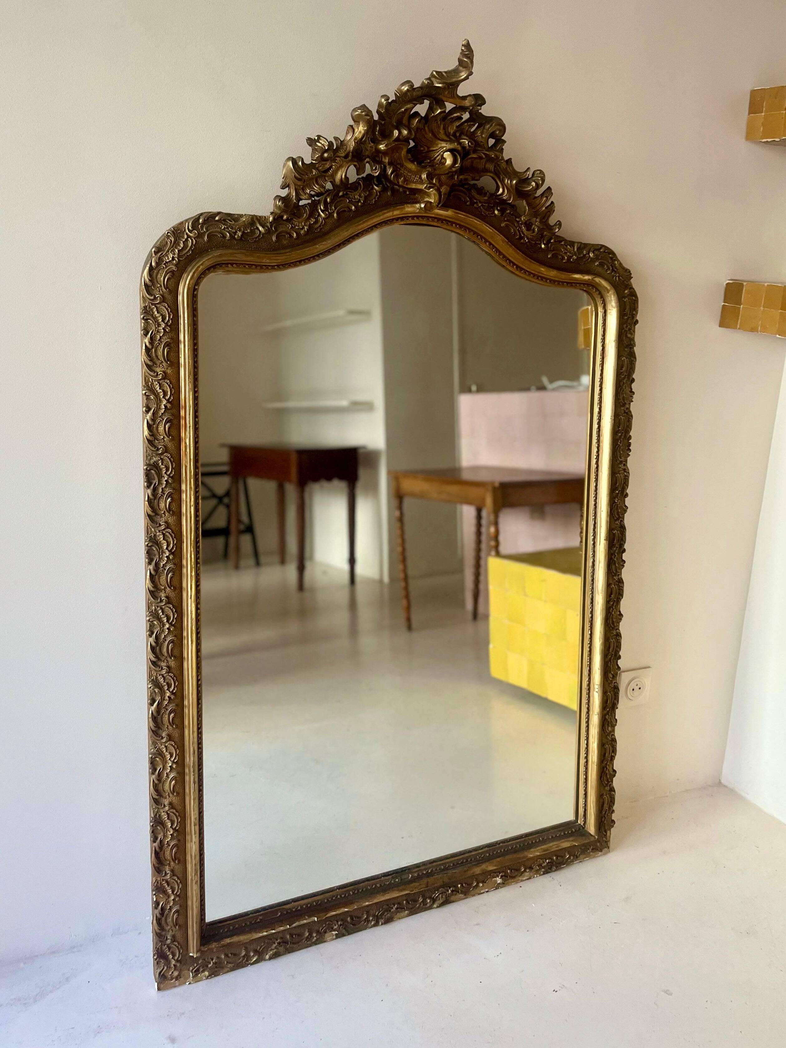 Antique Louis XV rococo mirror with a gilded pediment - 156 x 98 cm