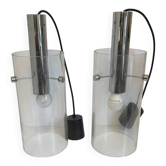 Paire de lampes suspensions cylindriques, verre et acier, glashütte limburg