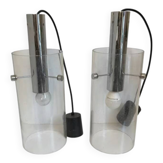 Pair of cylindrical pendant lamps, glass and steel, glashütte limburg