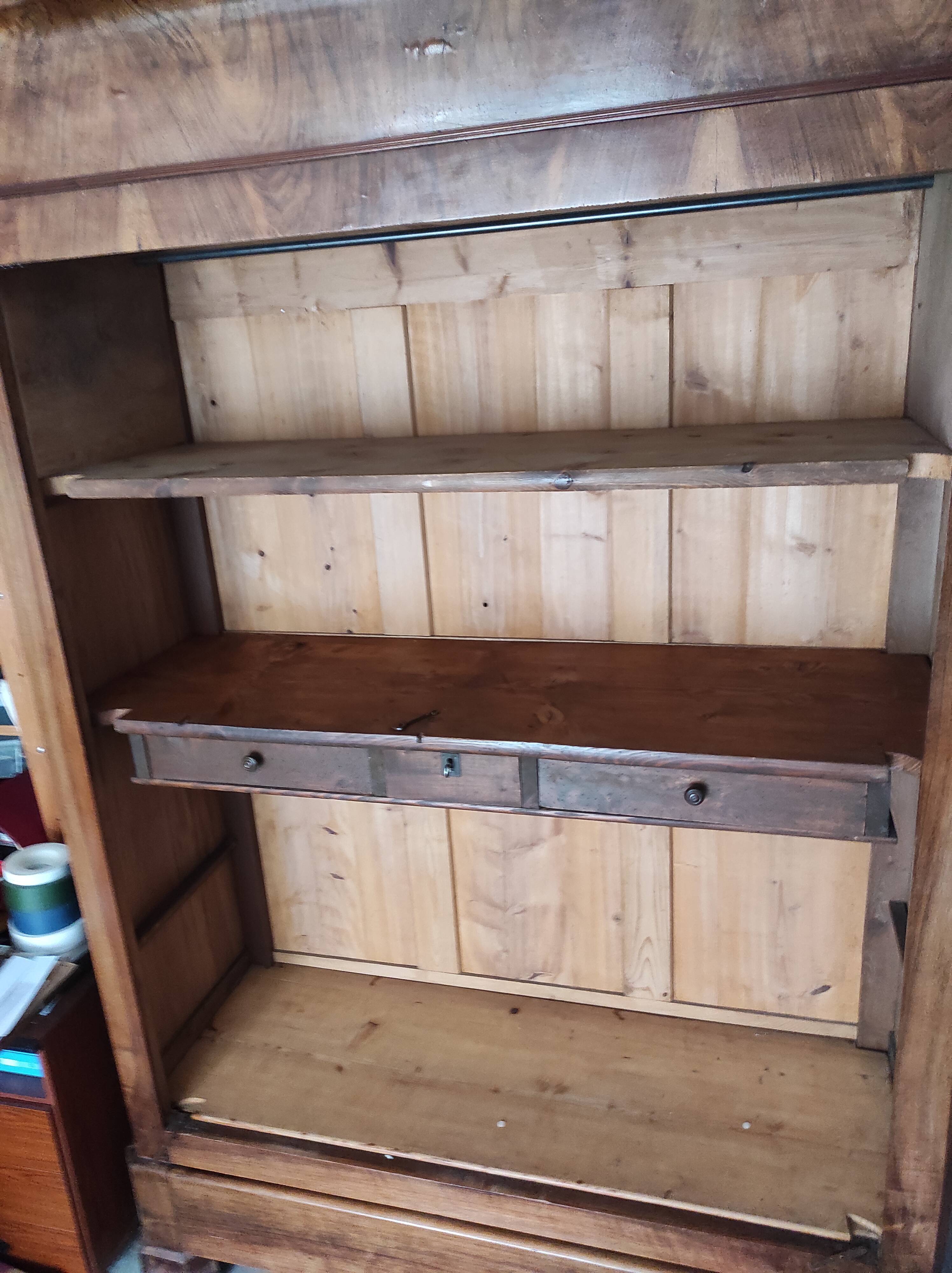 Old walnut wood cabinet with hat and 2 drawer doors