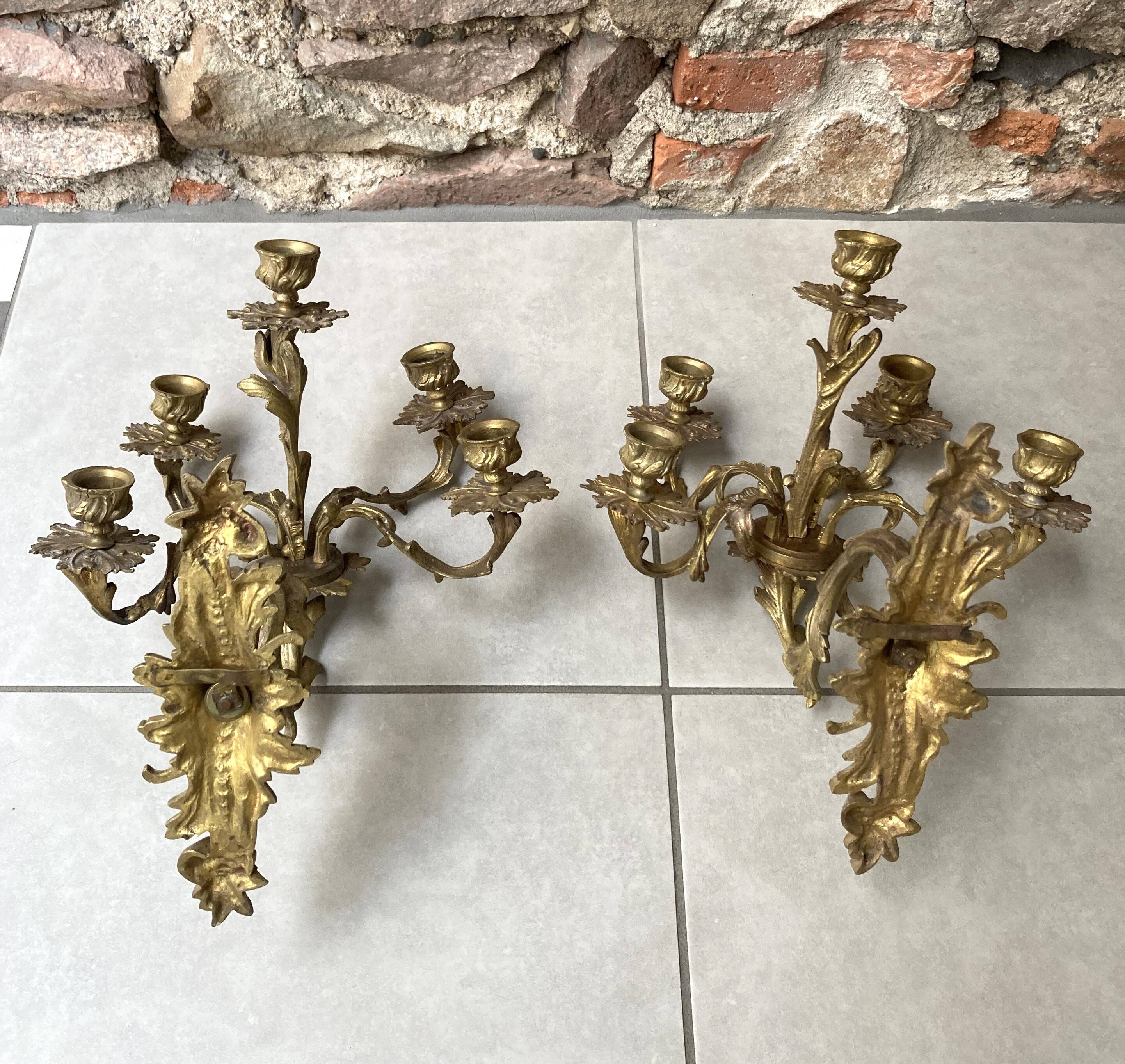 Pair of 5-light gold wall candlesticks