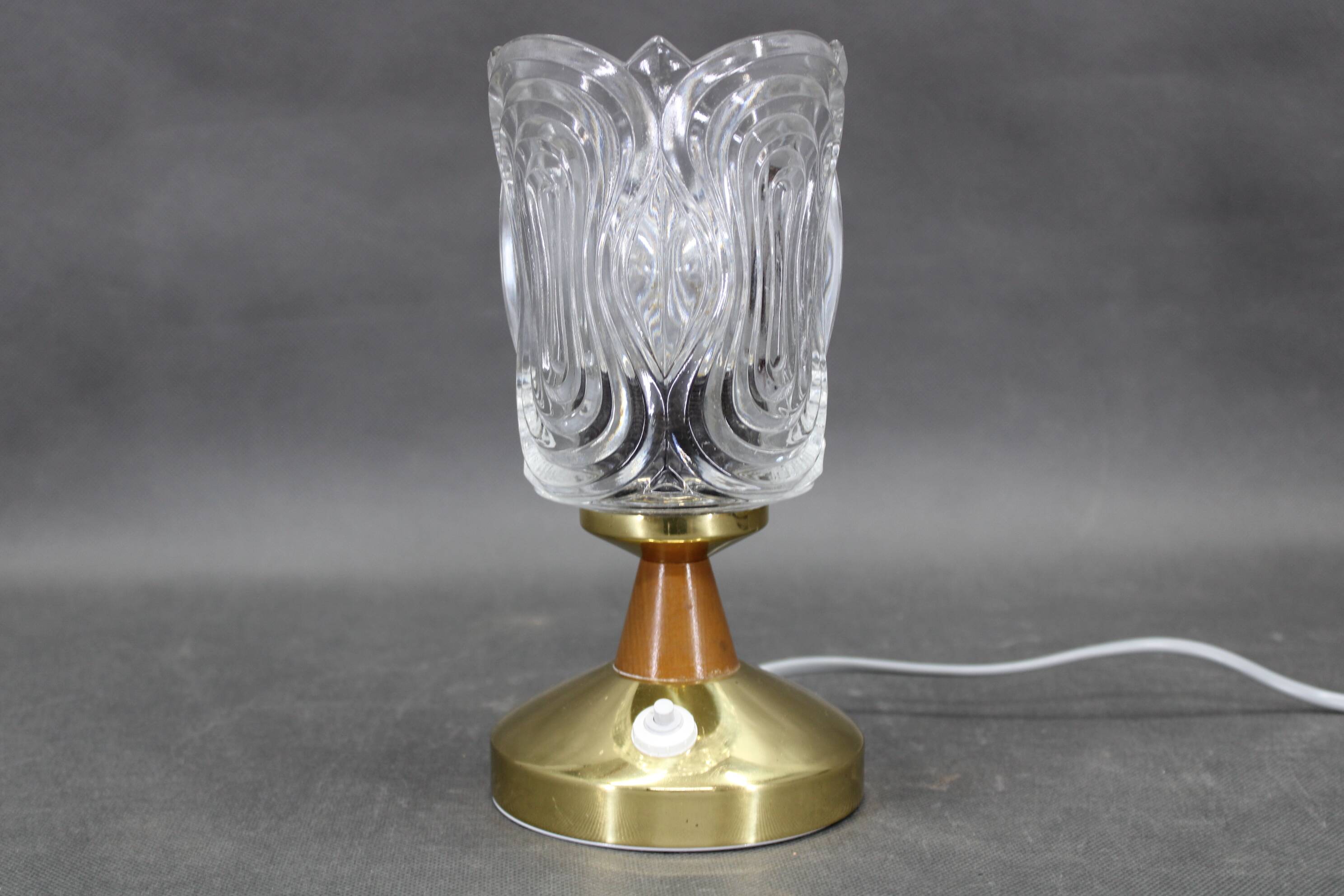 Pair of 1970s Lidokov mid-century table lamps with sculpted pressed glass shades