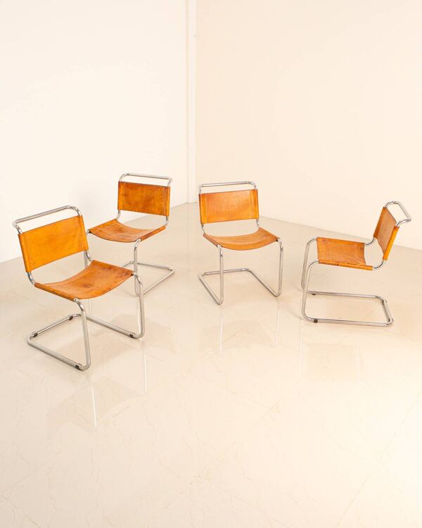 4 chaises ''S33'' cuir cognac par Mart Stam pour Fasem 80's