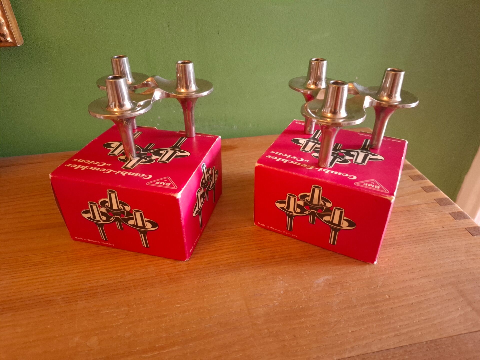 Two vintage BMF candlesticks in boxes.