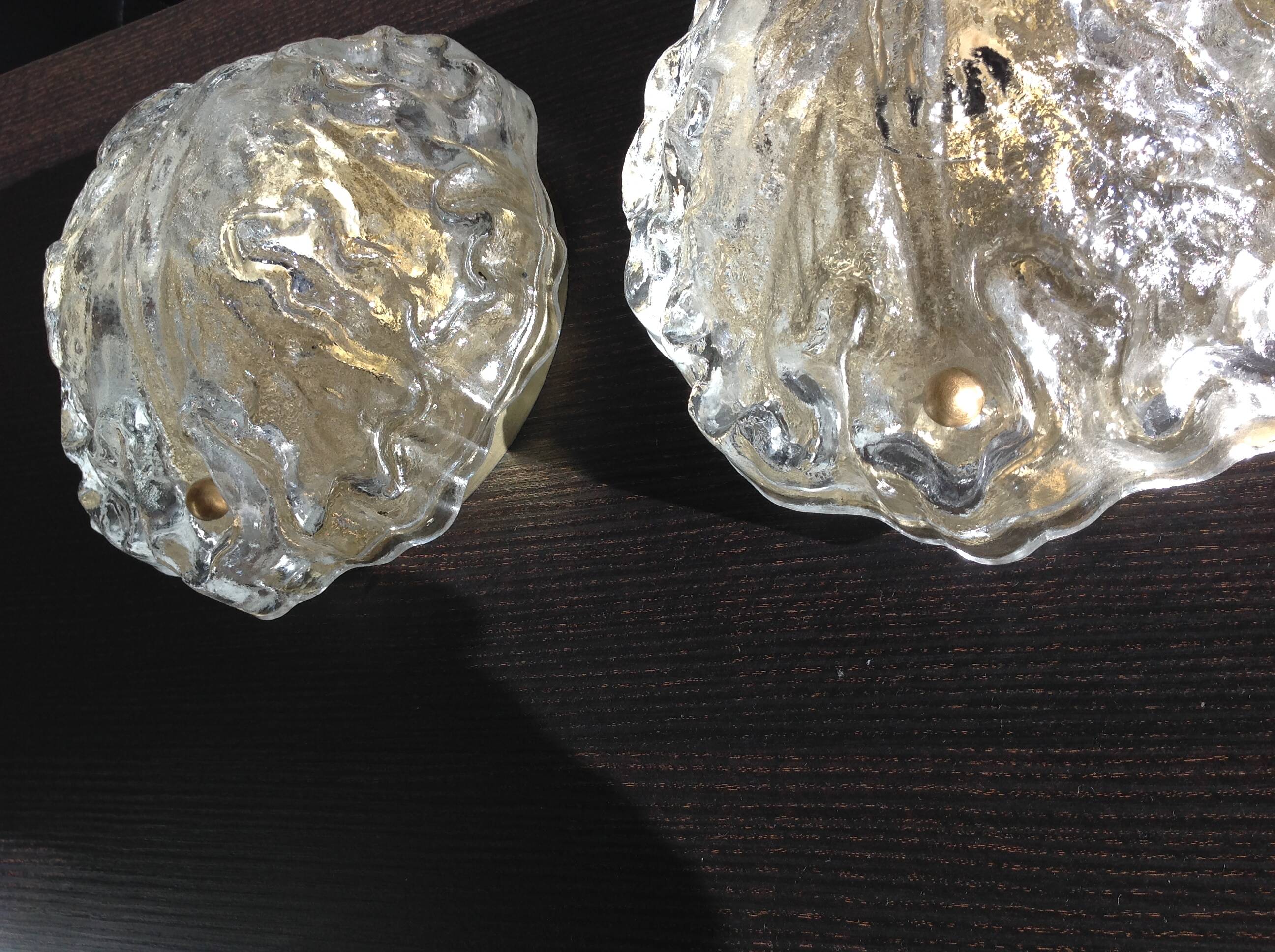 Pair of ice glass and brass wall lights by Limburg / vintage 60s-70s