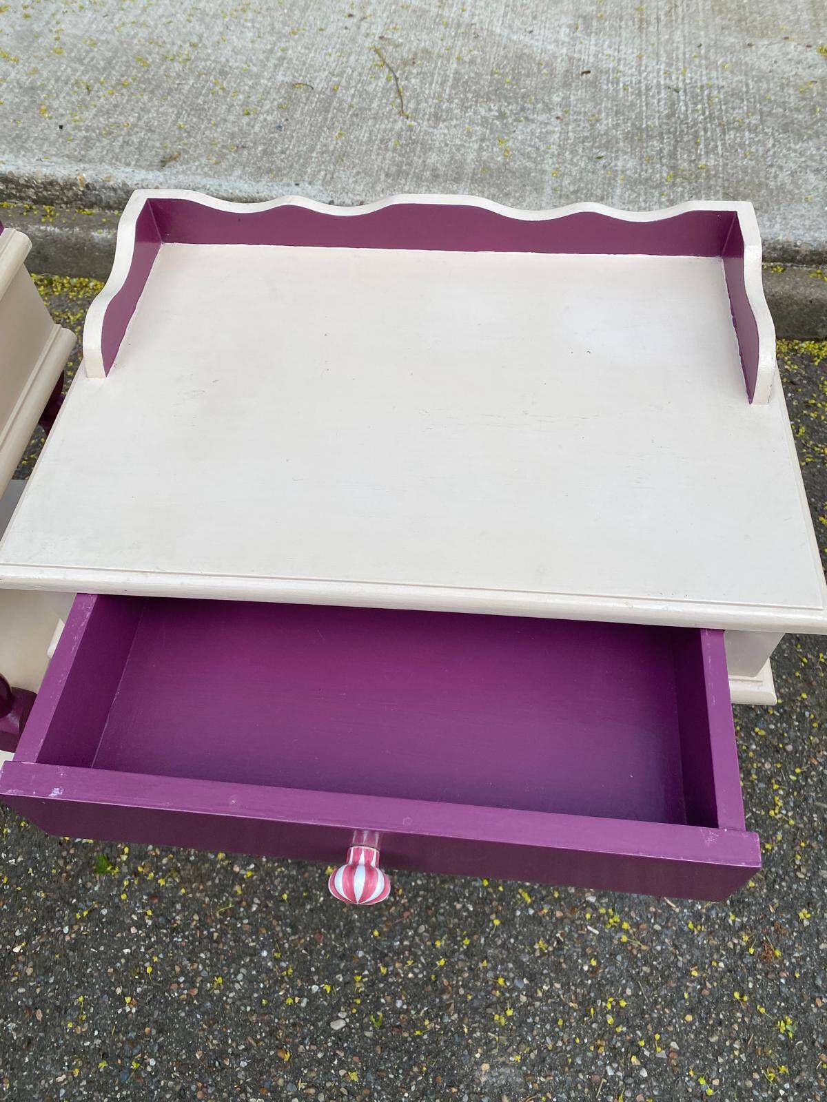 2 vintage bedside tables painted in white and purple with a drawer.