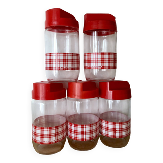 Vintage set of 5 pots/jars with red gingham print Felix Potin La parisienne