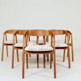 Set of 6 rustic oak wood dining chairs in safari beige.