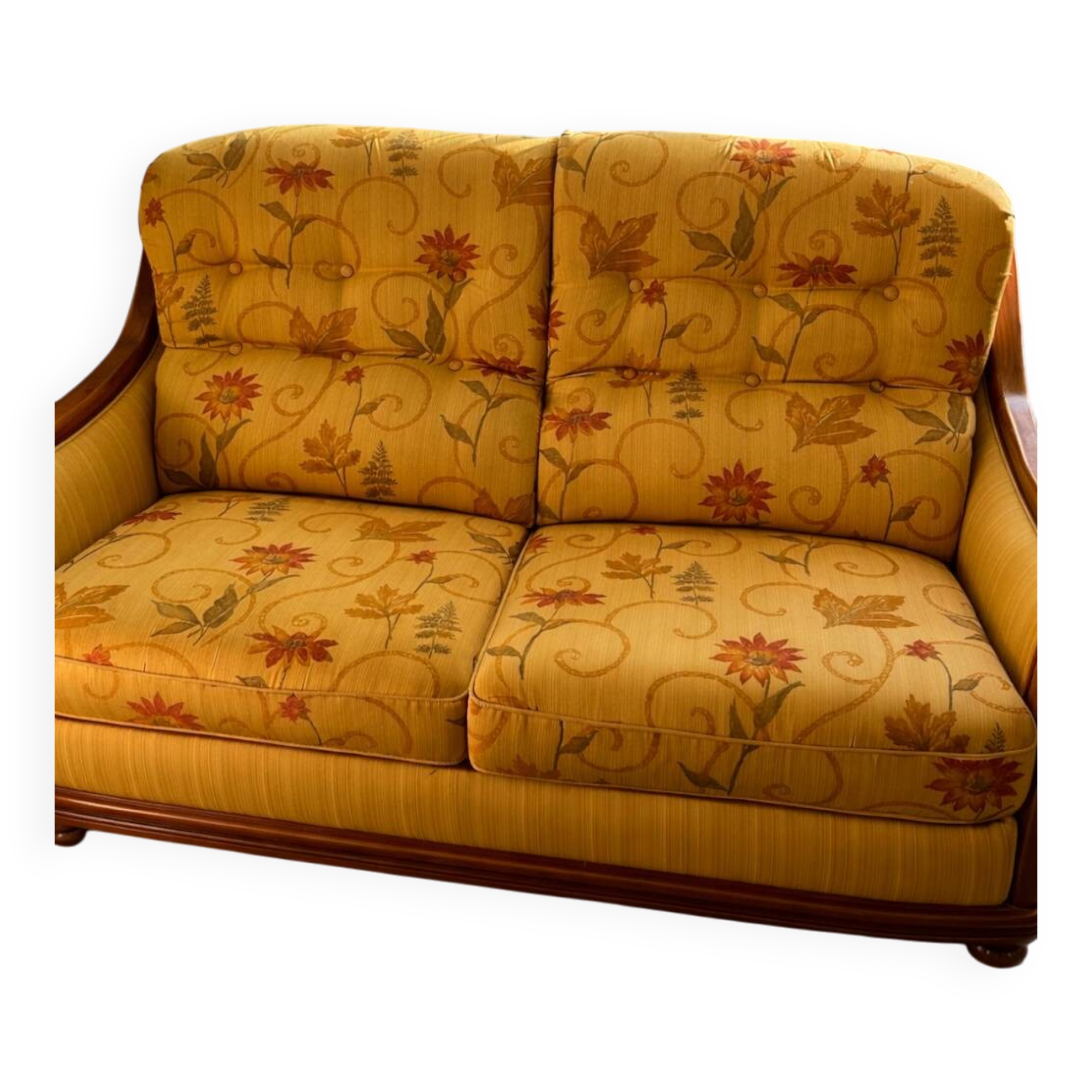 Canapé convertible 2 places en bois et tissu floral jaune, années 1970