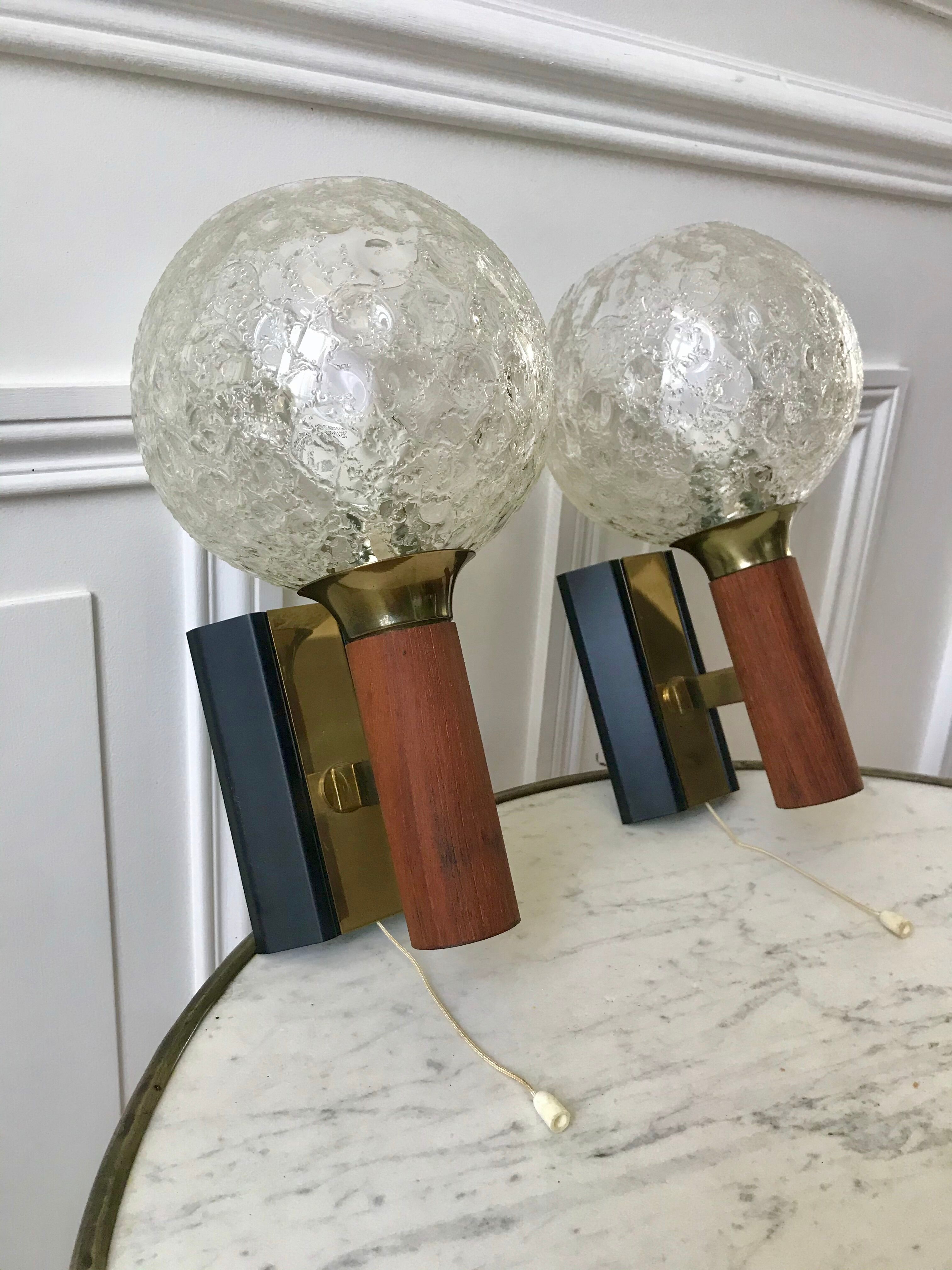 Pair of wall sconces balls in blown glass, metal and teak style 50s