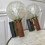 Pair of wall sconces balls in blown glass, metal and teak style 50s