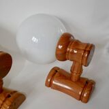 Pair of globe wall lights in pine and opaline from the 60s
