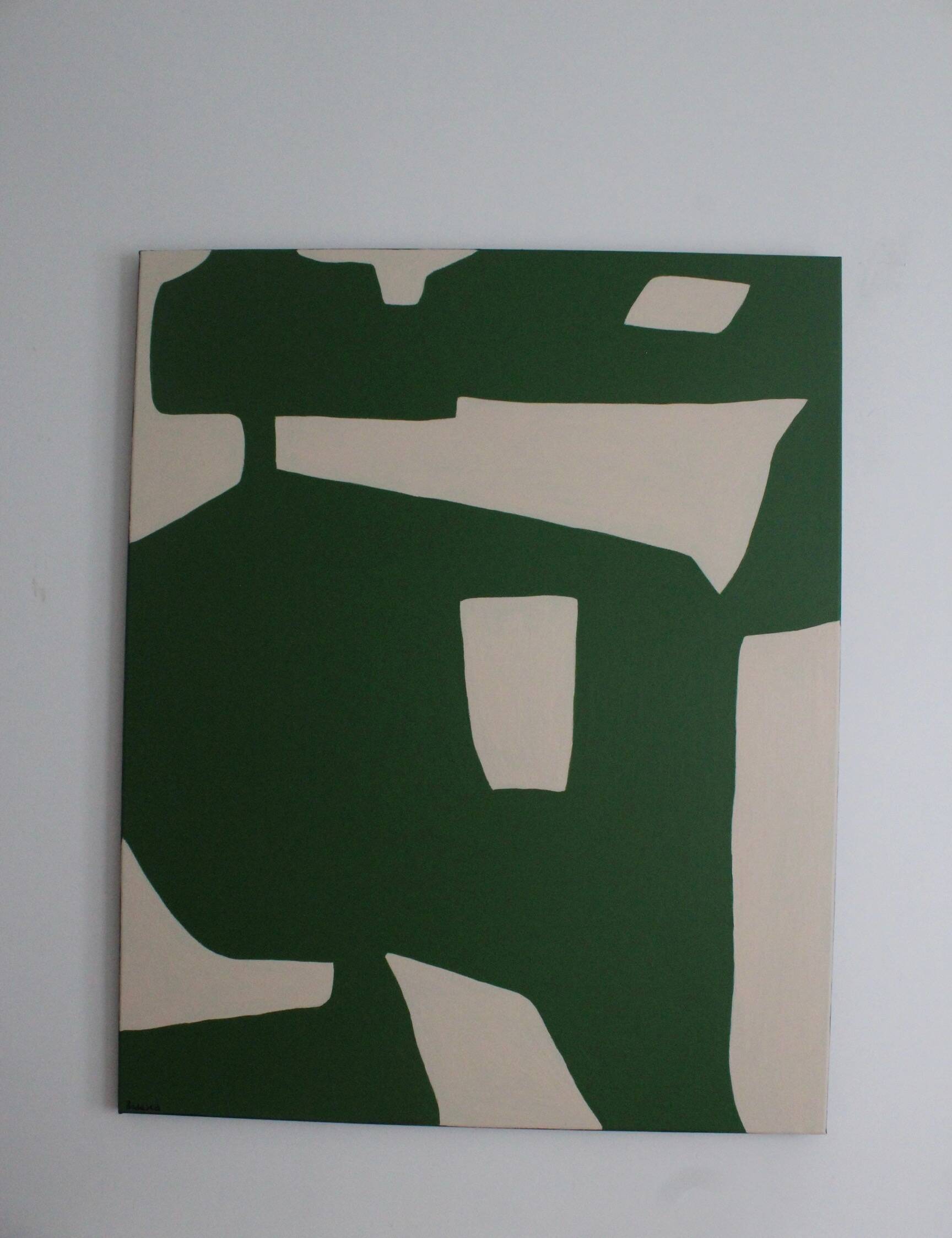 Organic abstract on green and beige canvas 100x81cm
