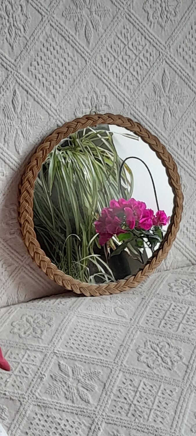 Old vintage braided rattan mirror