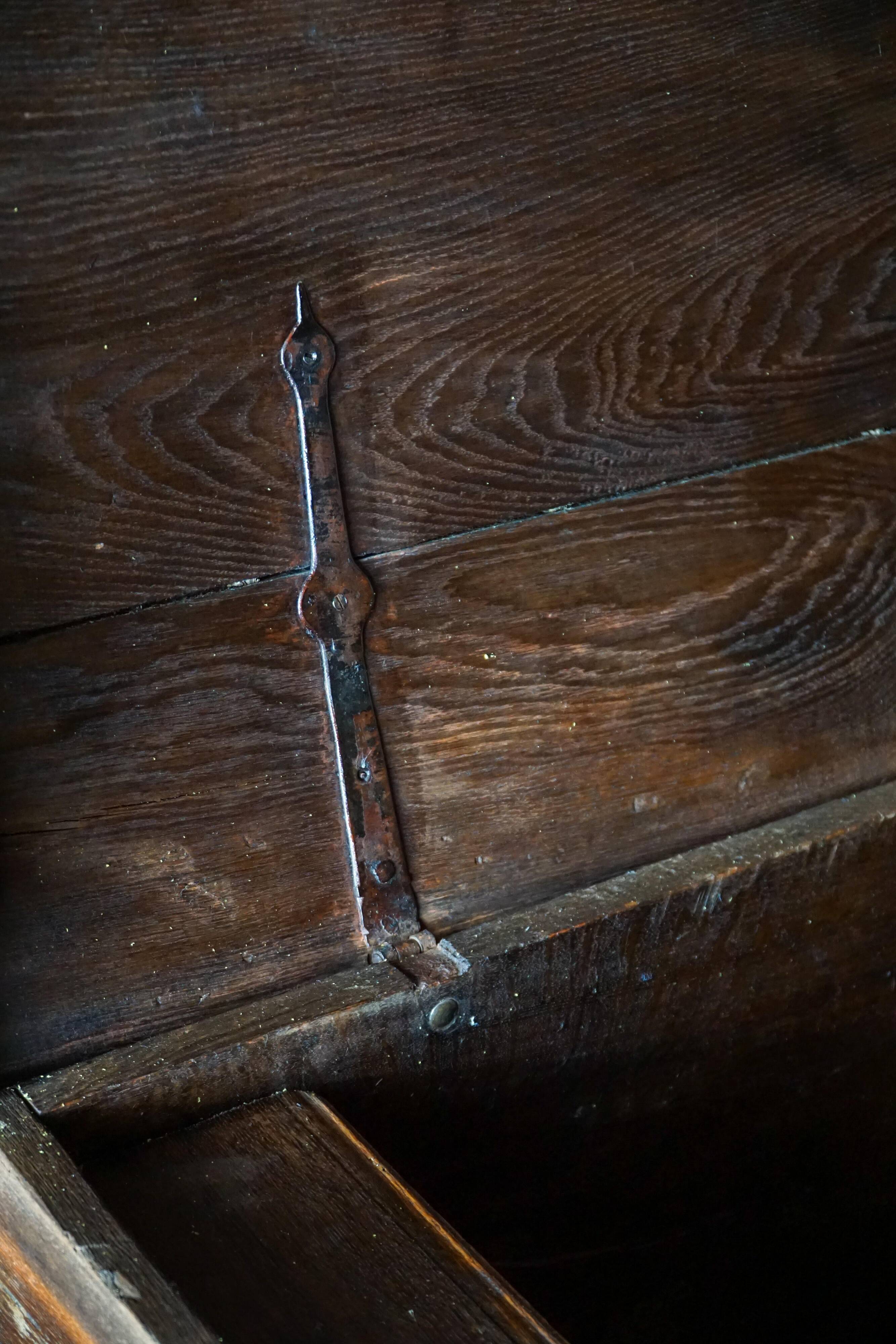 18th-century Scandinavian popular art oak chest with carved panels, dated 1764.