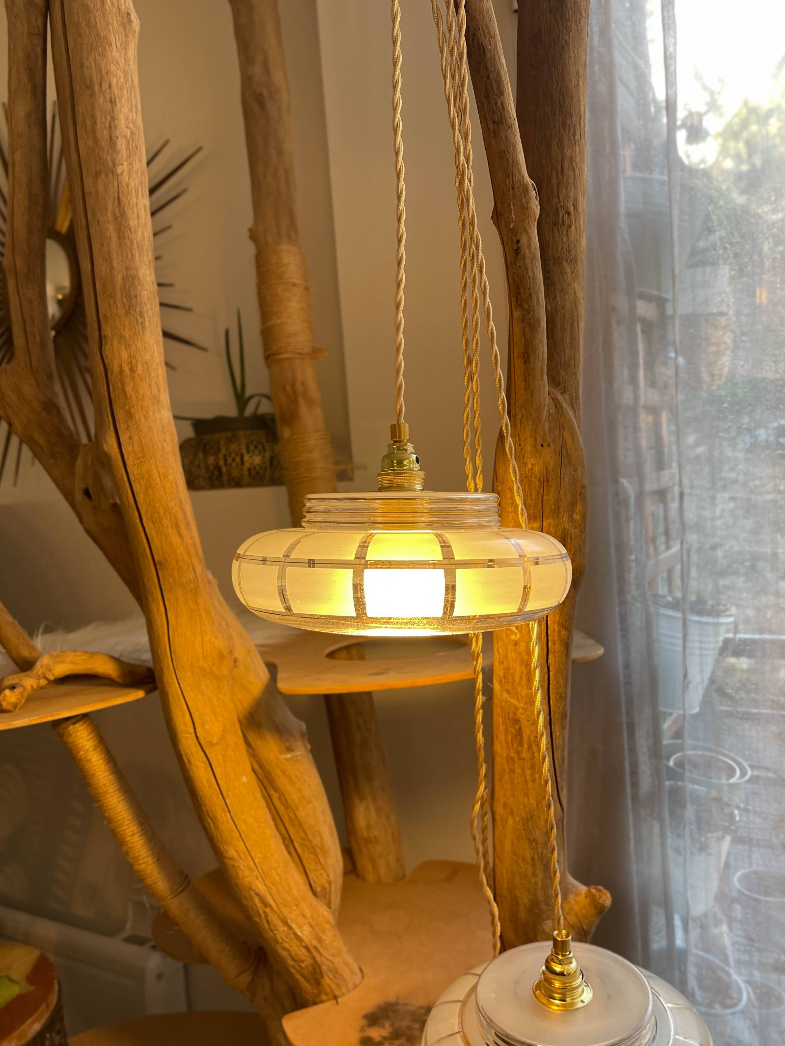 Pair of vintage portable lamps, customizable Art Deco frosted and gold glass globes