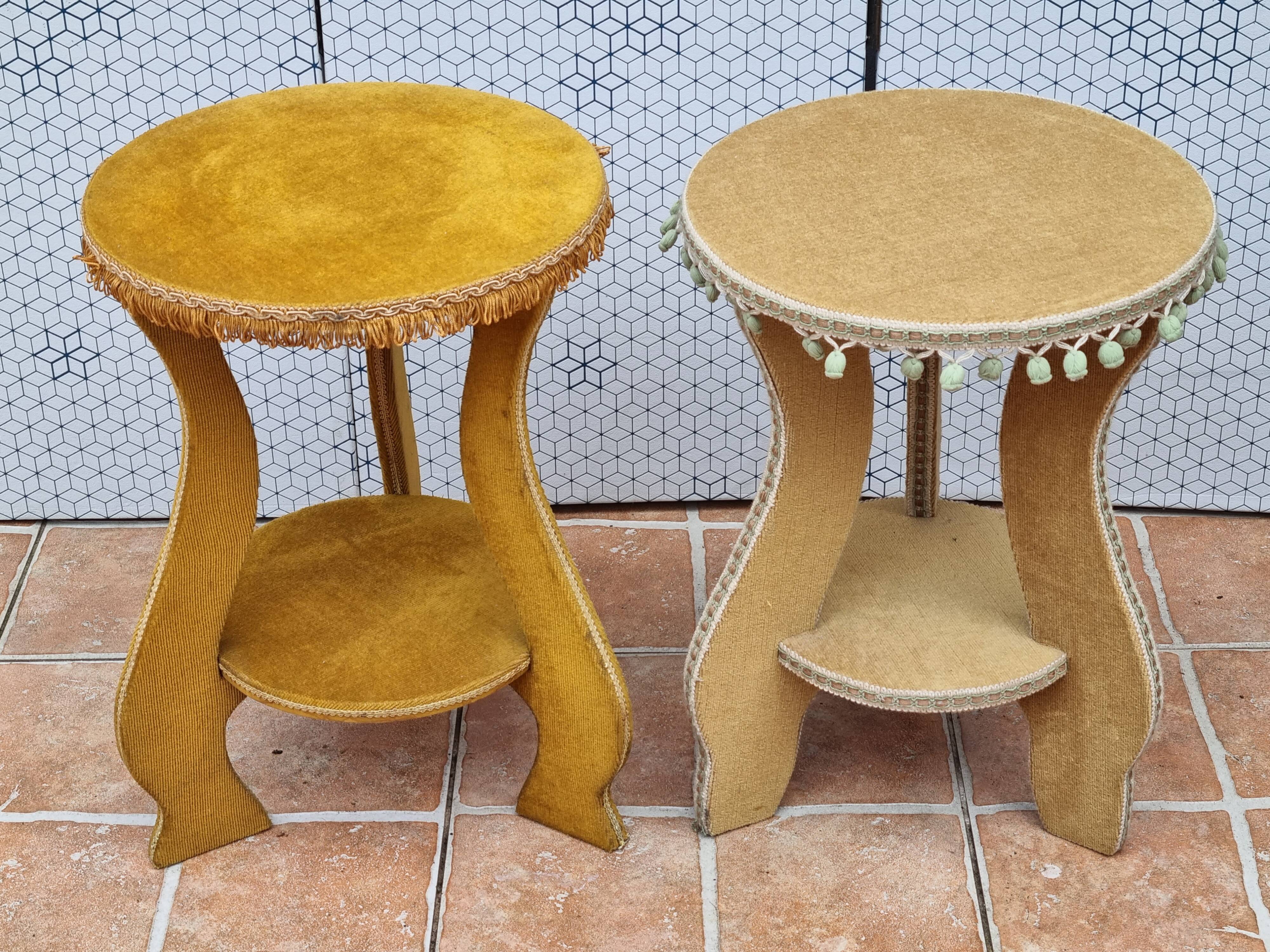 Pair of vintage velvet upholstered pedestal tables – 1950s, 44 cm high