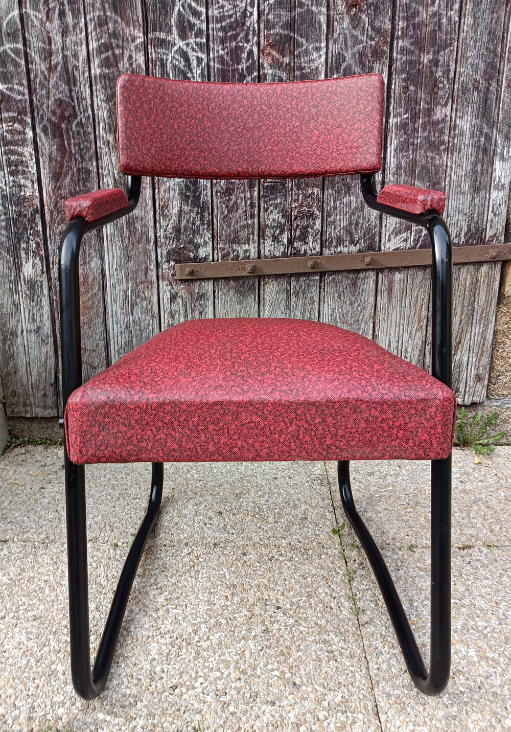 Design armchair, metal and red skai, vintage, 50s