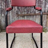 Design armchair, metal and red skai, vintage, 50s
