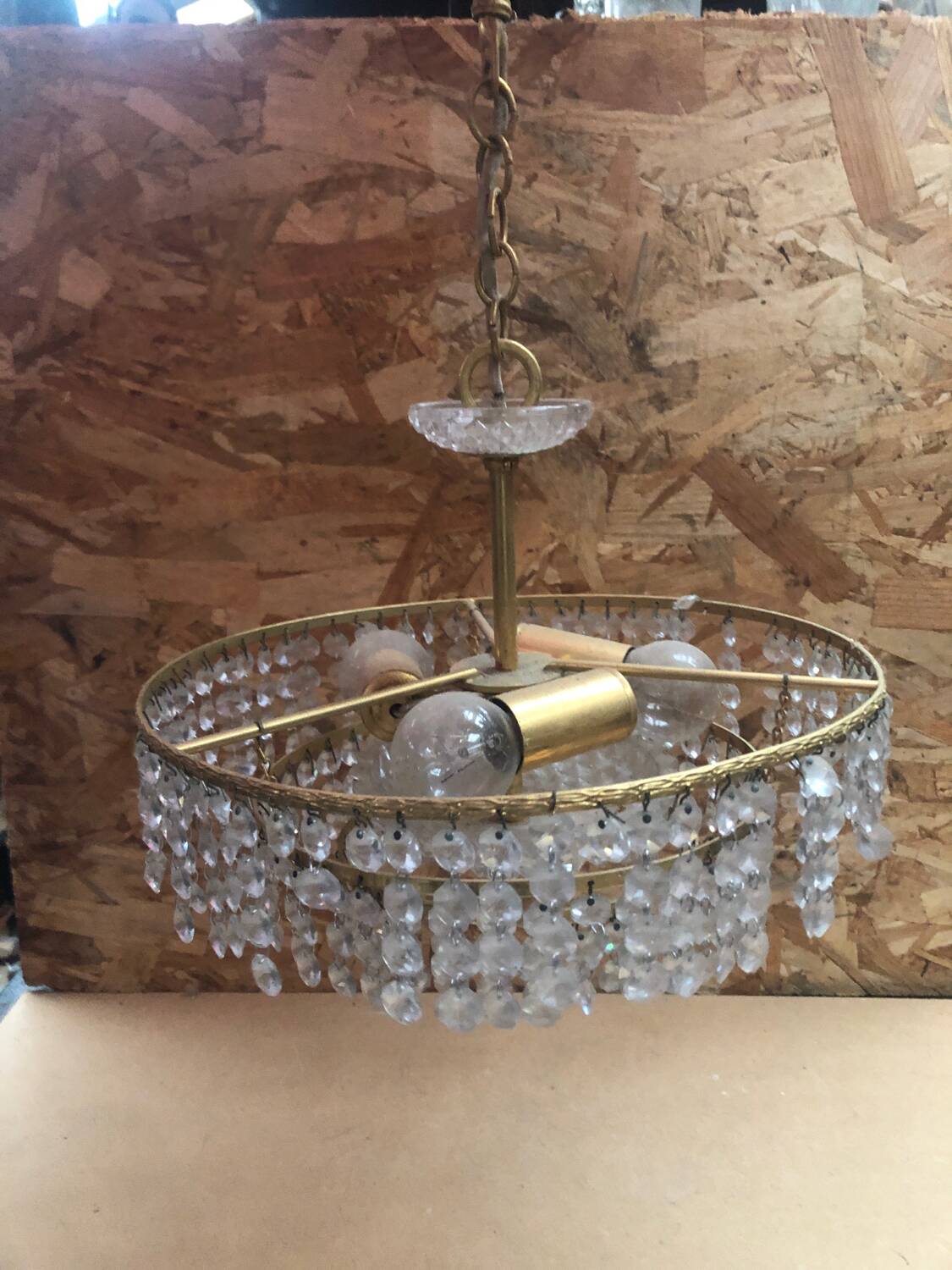Ancien Lustre Laiton Cascade Pampilles Vintage