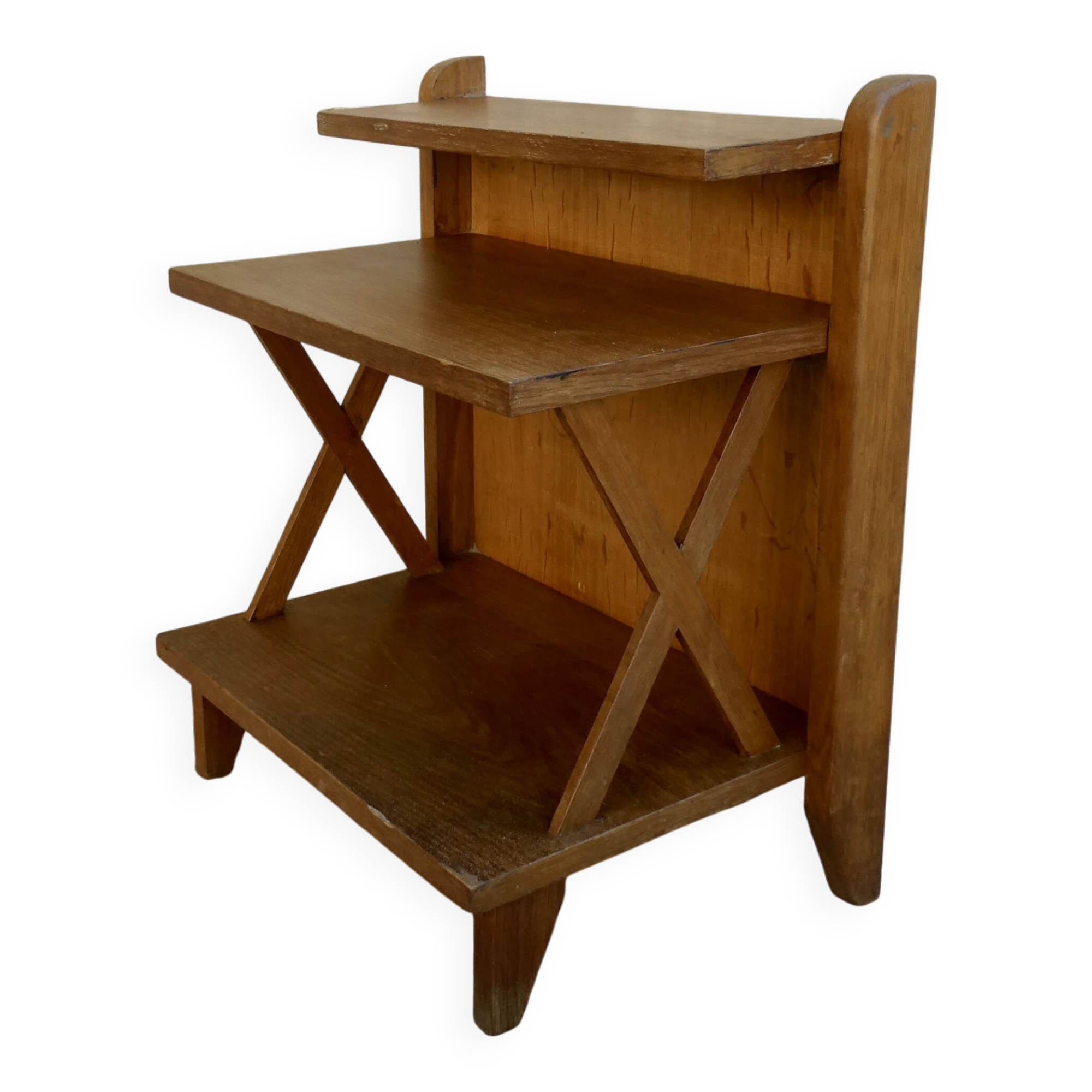 Light wood bedside table with crossbars and 3 shelves, around 1950.
