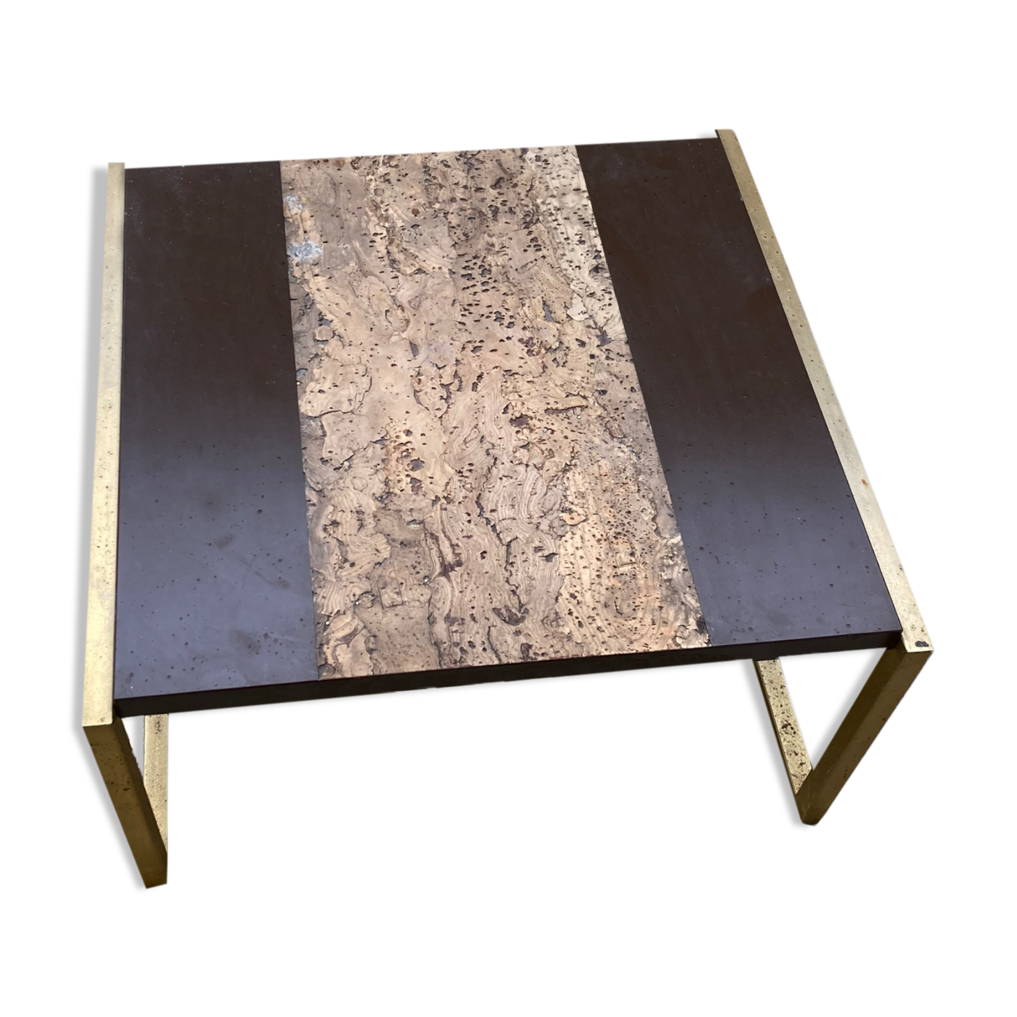 Coffee table in cork, wood and gilded steel in the taste of Romeo Rega