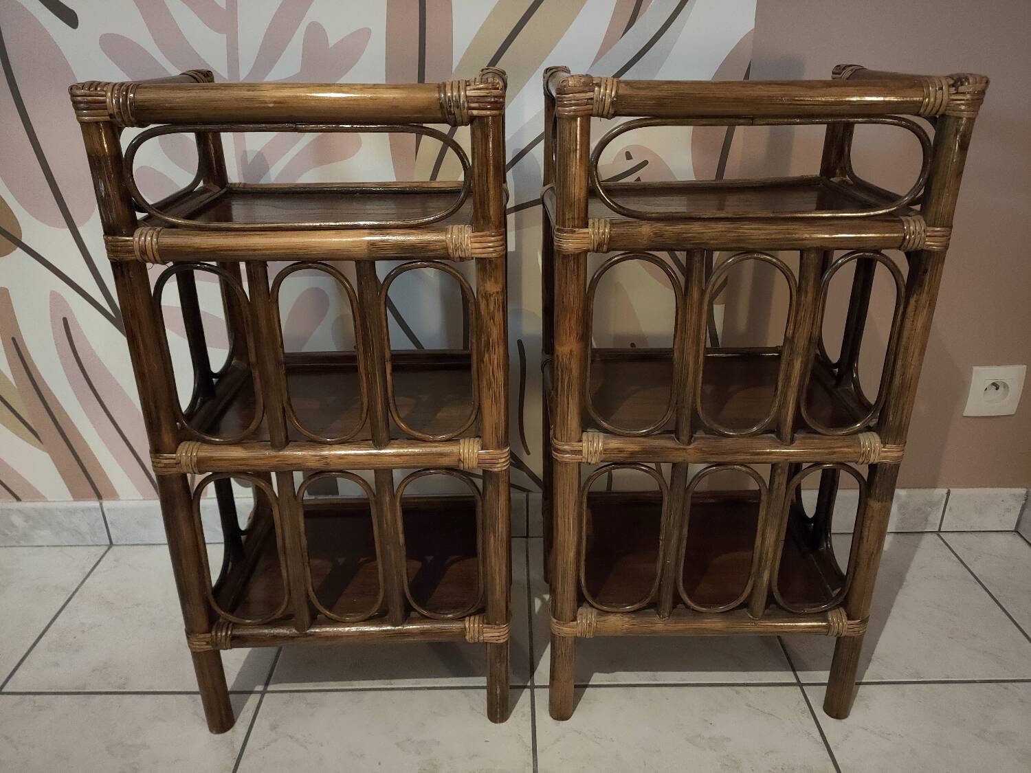 Pair of vintage bamboo and rattan bedside tables/shelves