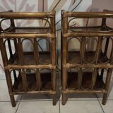 Pair of vintage bamboo and rattan bedside tables/shelves