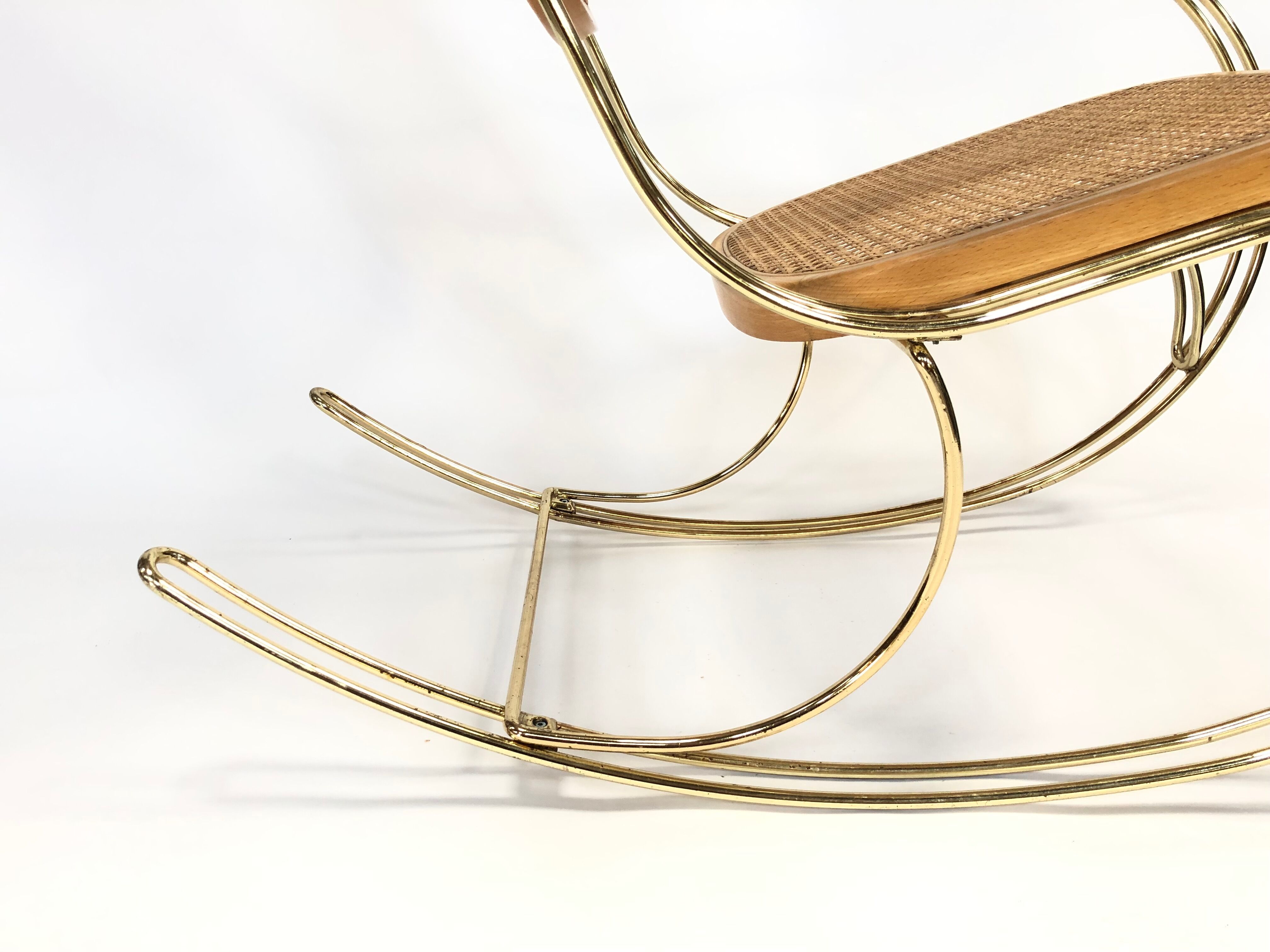 Vintage brass curved wooden rocking chair
