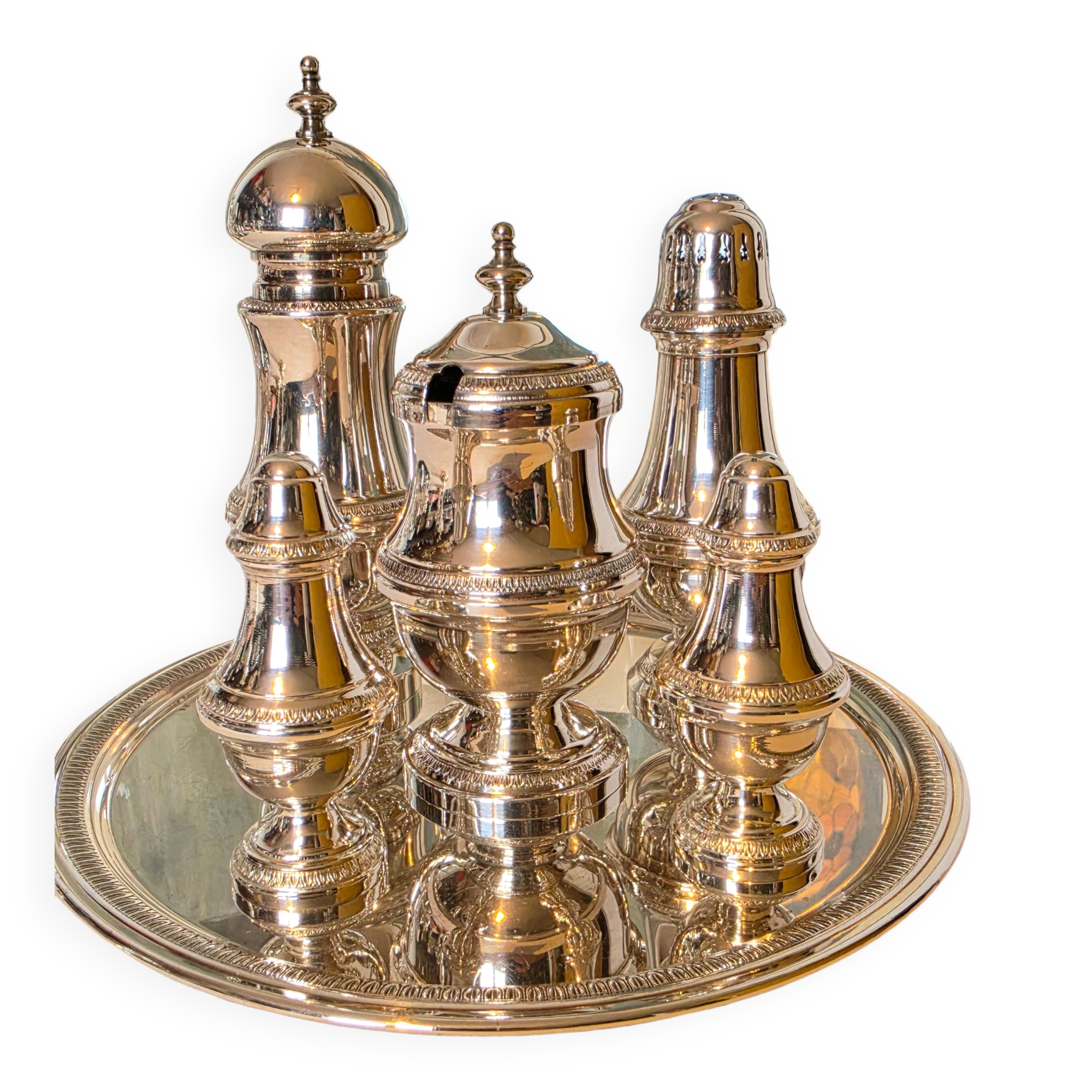Exclusive 6-piece silver-plated spice service, classic Georgian style.