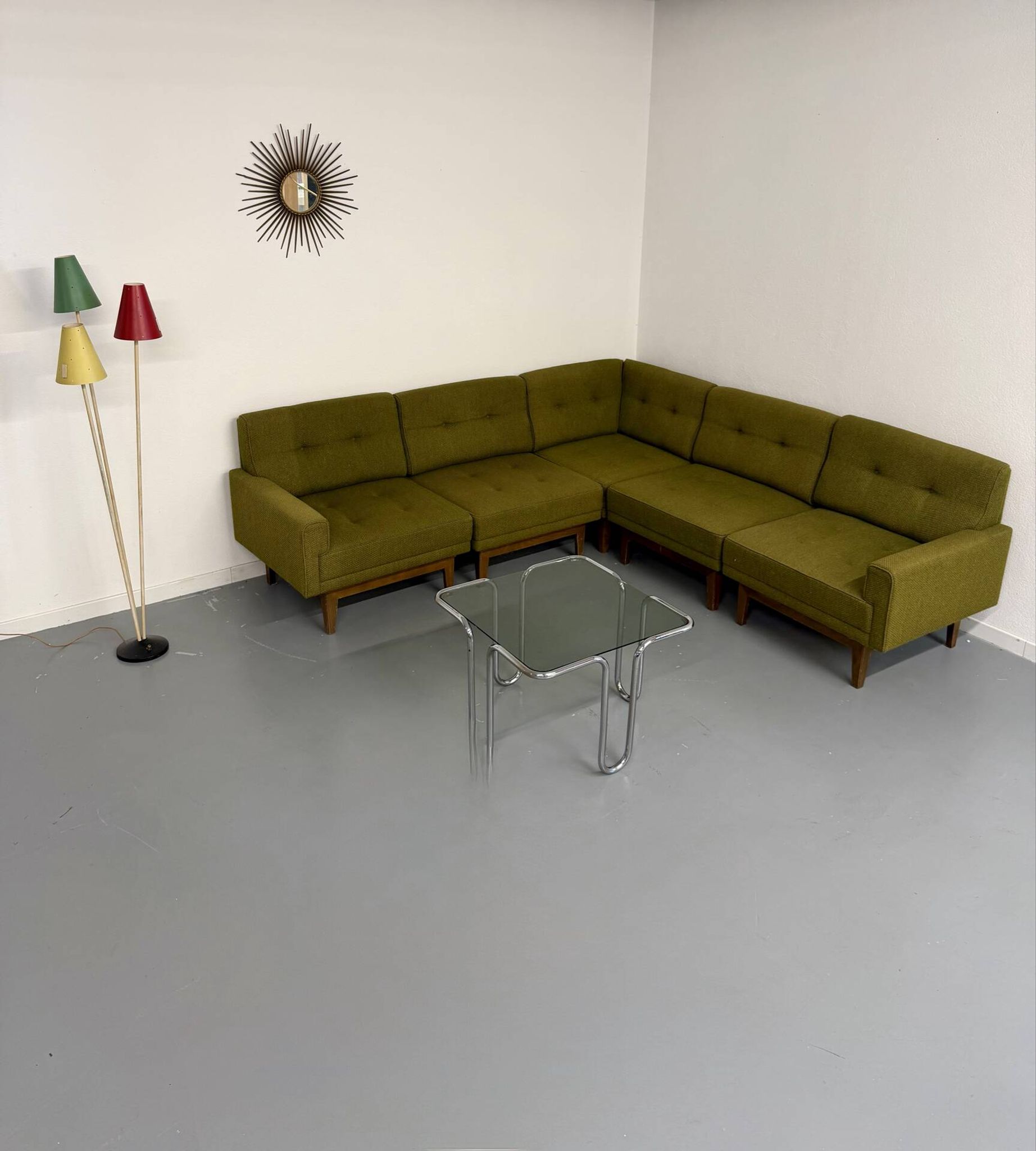 Vintage modular Scandinavian design green fabric corner sofa 1960s